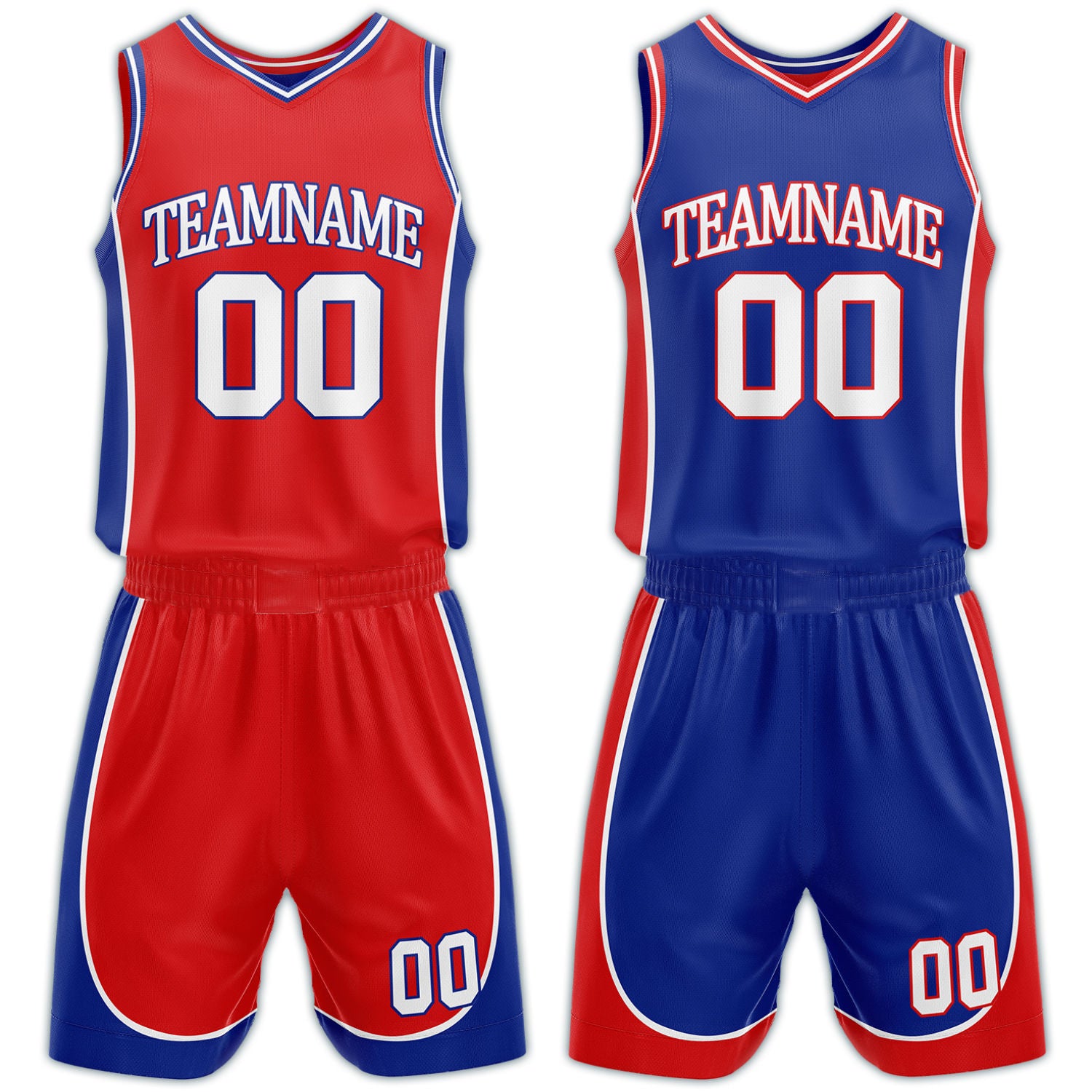 Custom red and blue reversible basketball uniform by Vosoli. Personalized with team name, number, and logo. Breathable mesh jersey and shorts for high school, college, AAU teams.