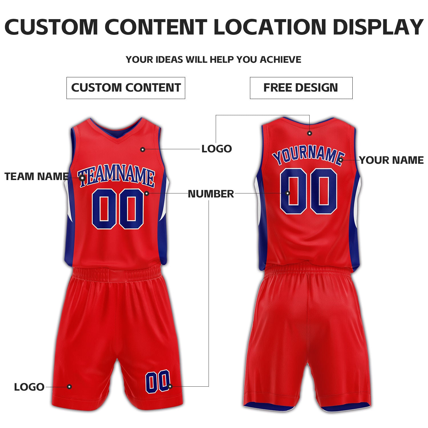 Custom Red & Blue Reversible Basketball Uniform Set | Personalized Name Number Sports Jersey Shorts Kit