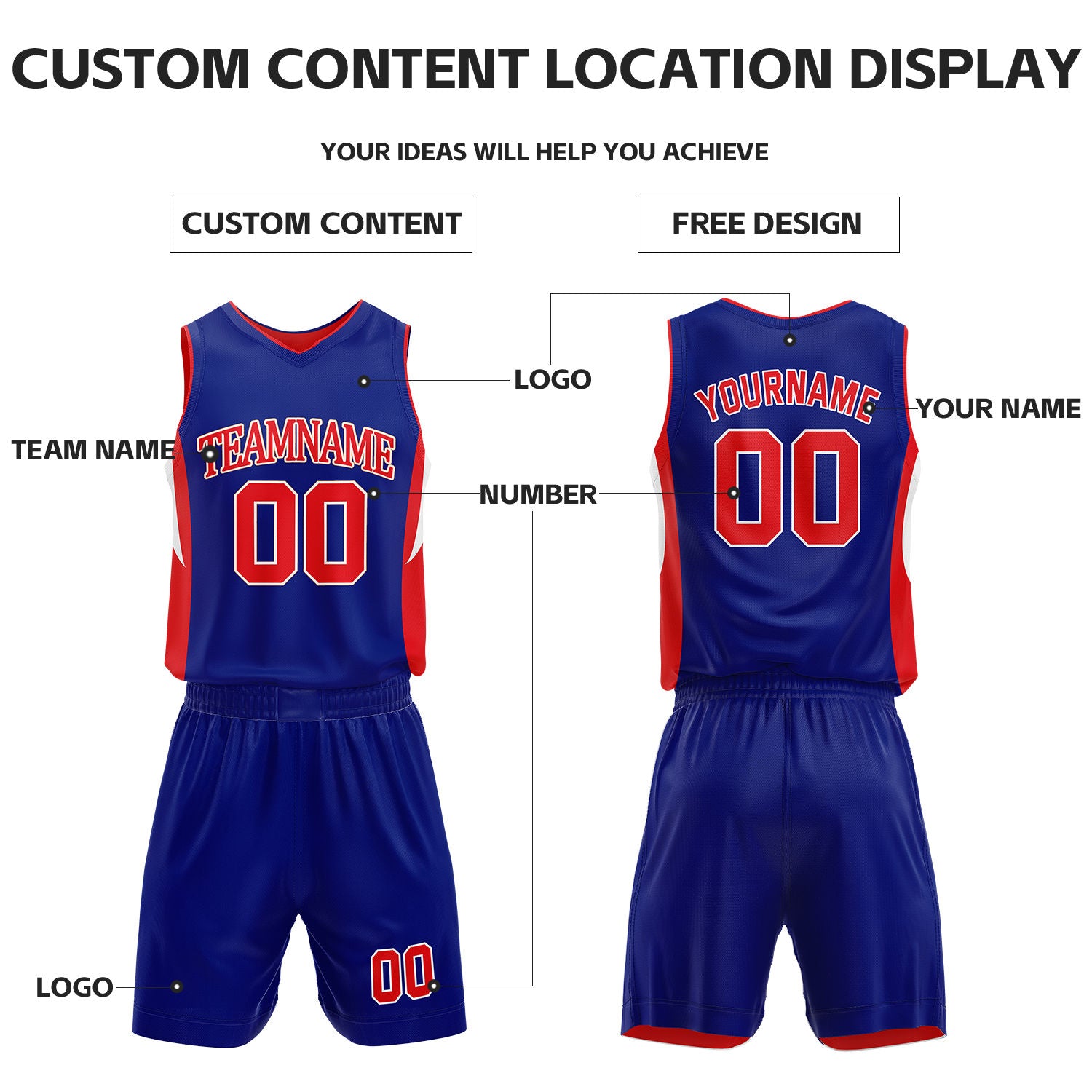 Custom Red & Blue Reversible Basketball Uniform Set | Personalized Name Number Sports Jersey Shorts Kit