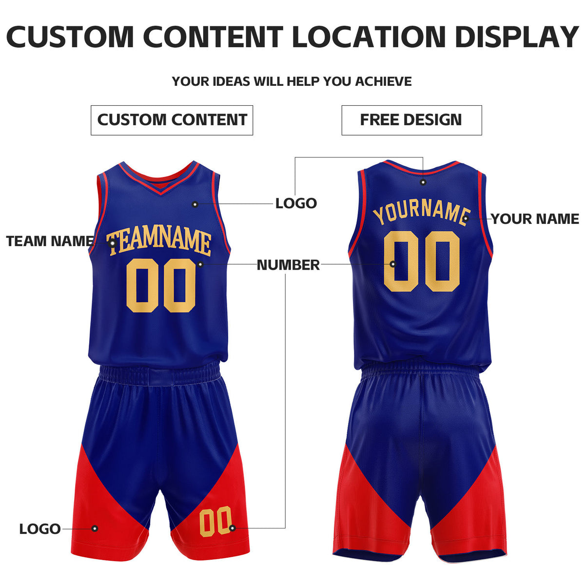 Custom Red & Blue Reversible Basketball Uniform Set | Personalized Name Number Sports Jersey Shorts Kit