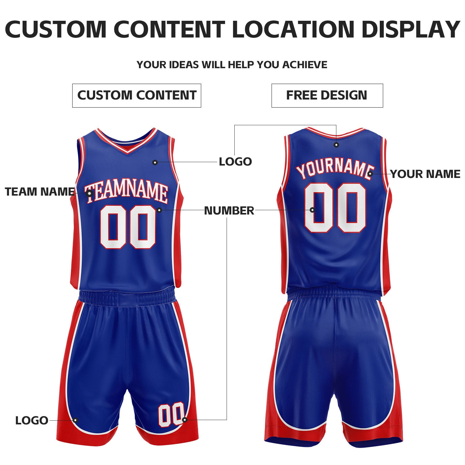 Custom Red & Blue Reversible Basketball Uniform Set | Personalized Name Number Sports Jersey Shorts Kit