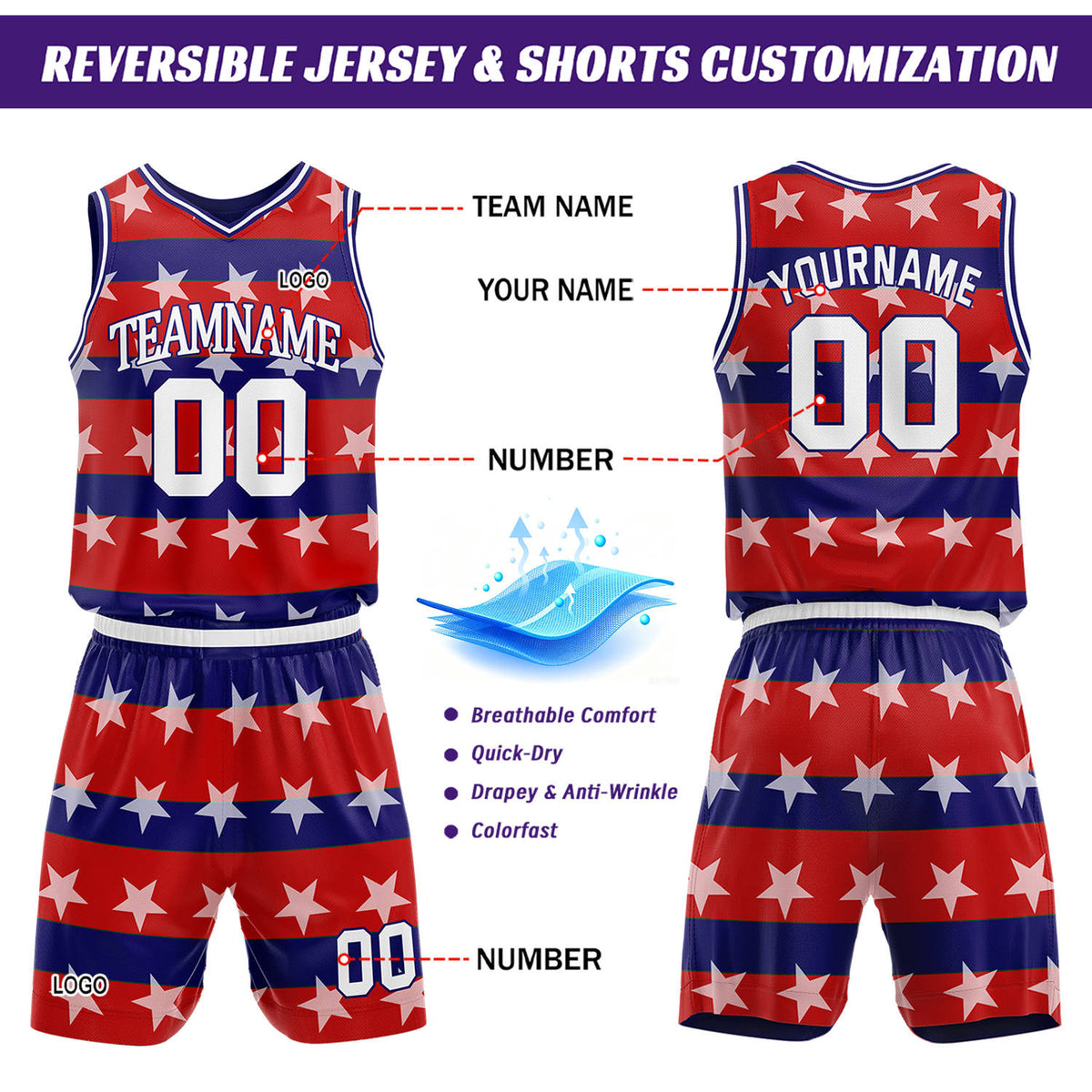 Custom Red & Blue Star-Stripe Basketball Jersey & Shorts Set | Personalized Team Uniform