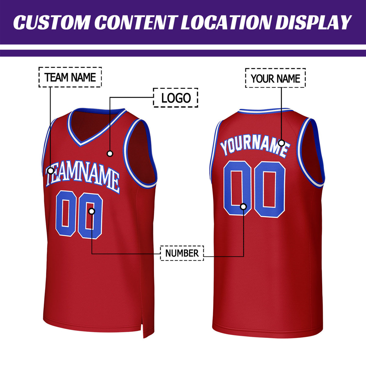 Custom Red, Blue & White Basketball Jersey | Personalized Name & Number Team Uniform