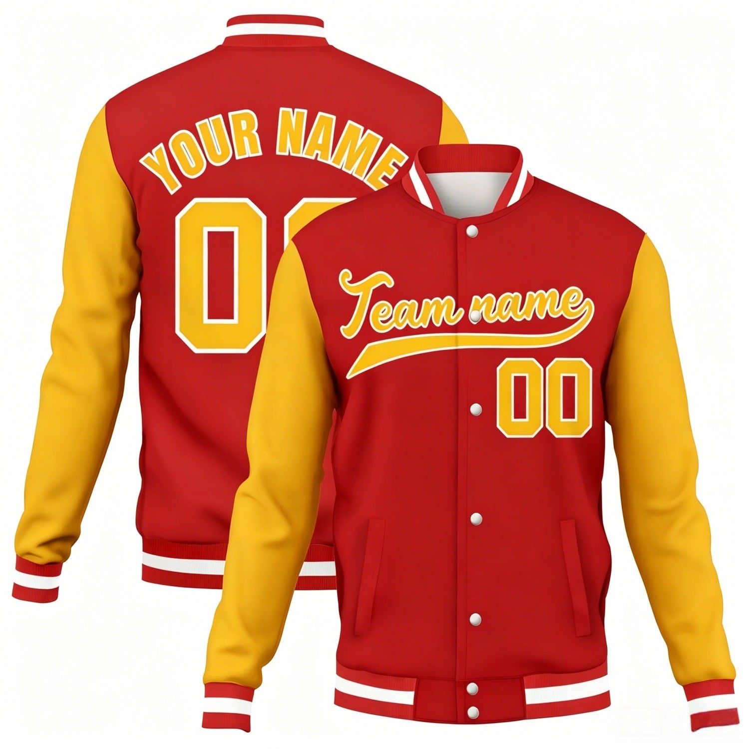 Custom red-gold contrast sleeve stitched varsity baseball jacket by Vosoli | Personalized team name & number jacket for youth & adults