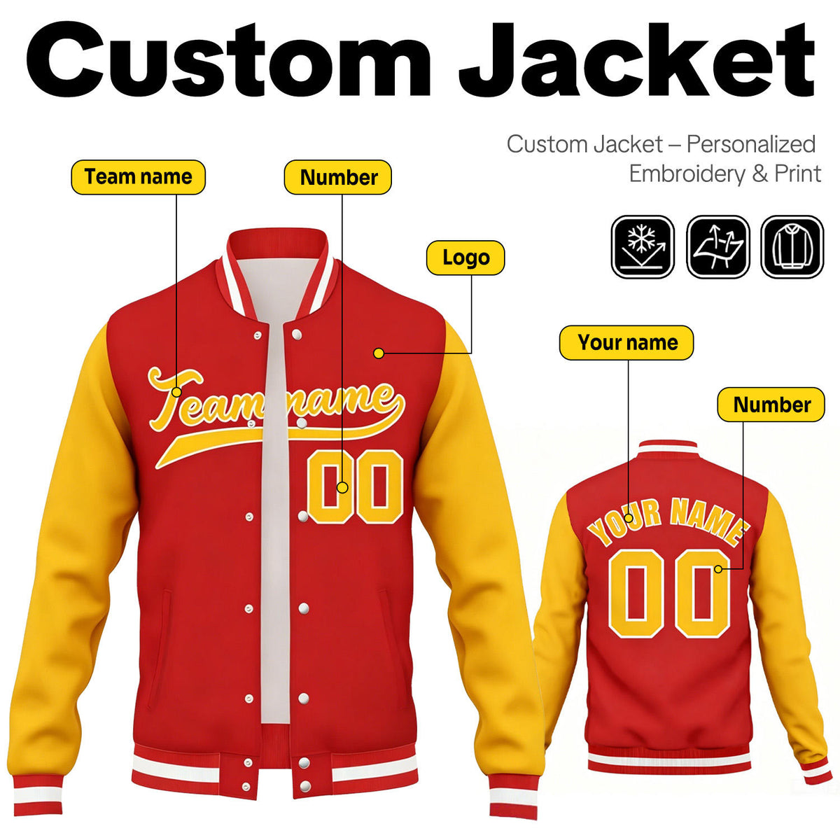 Custom Red & Gold Contrast Sleeve Varsity Baseball Jacket | Personalized Team Name & Number