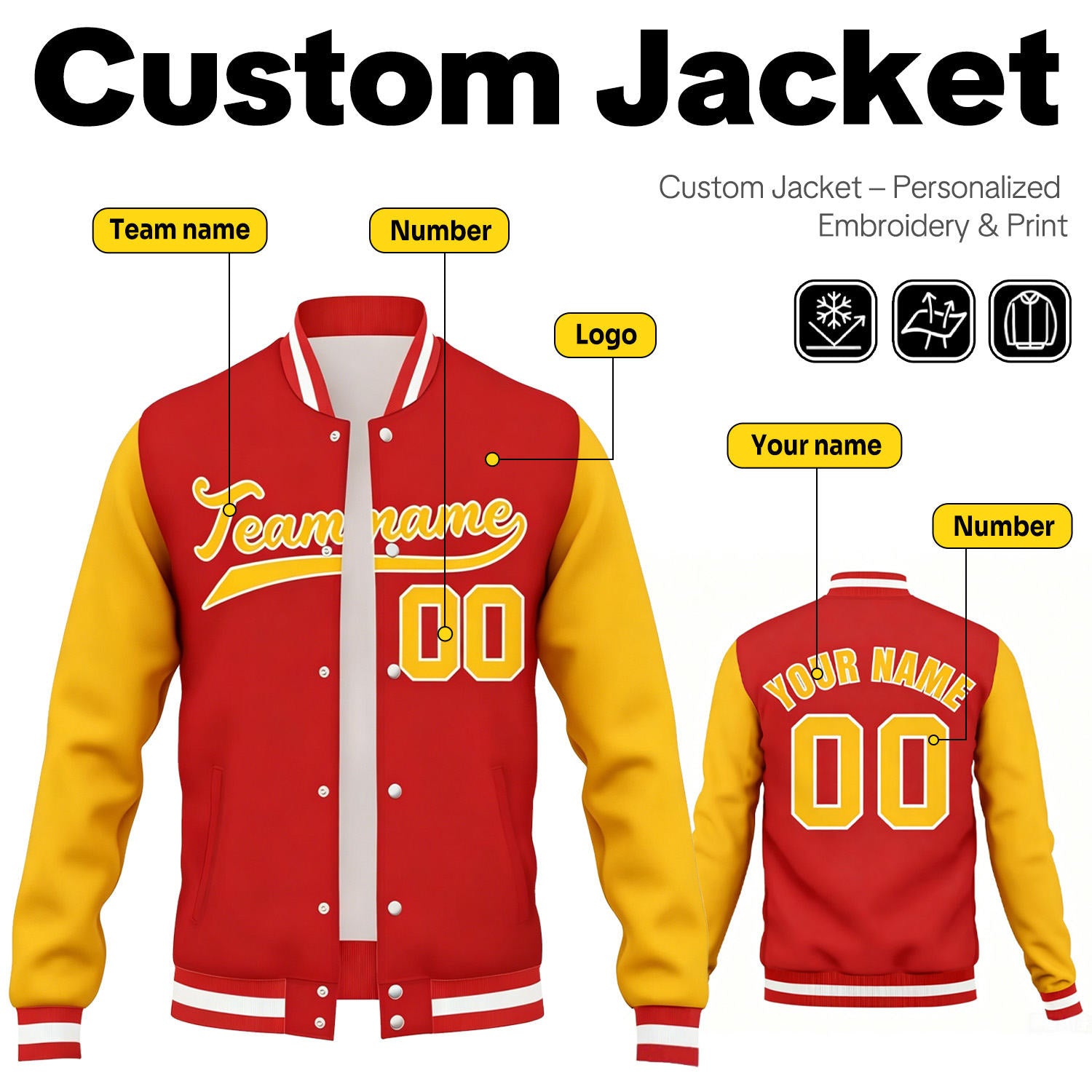 Custom Red & Gold Contrast Sleeve Varsity Baseball Jacket | Personalized Team Name & Number