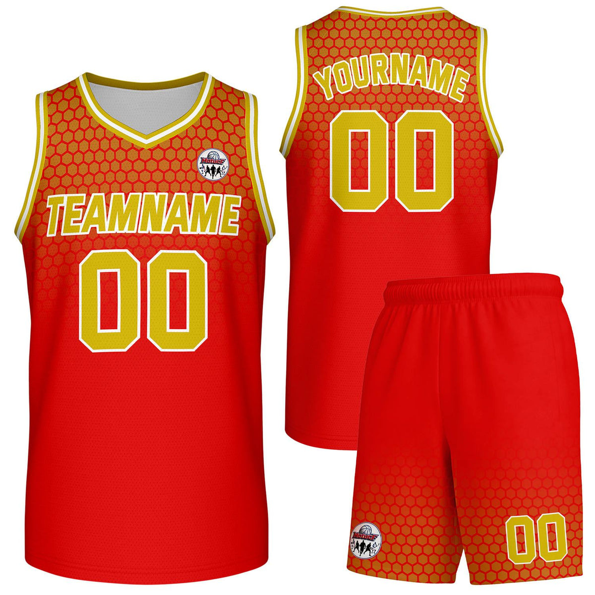 Custom red honeycomb-pattern basketball uniform set, personalized team name number logo breathable mesh jersey and shorts men women youth game practice - Vosoli