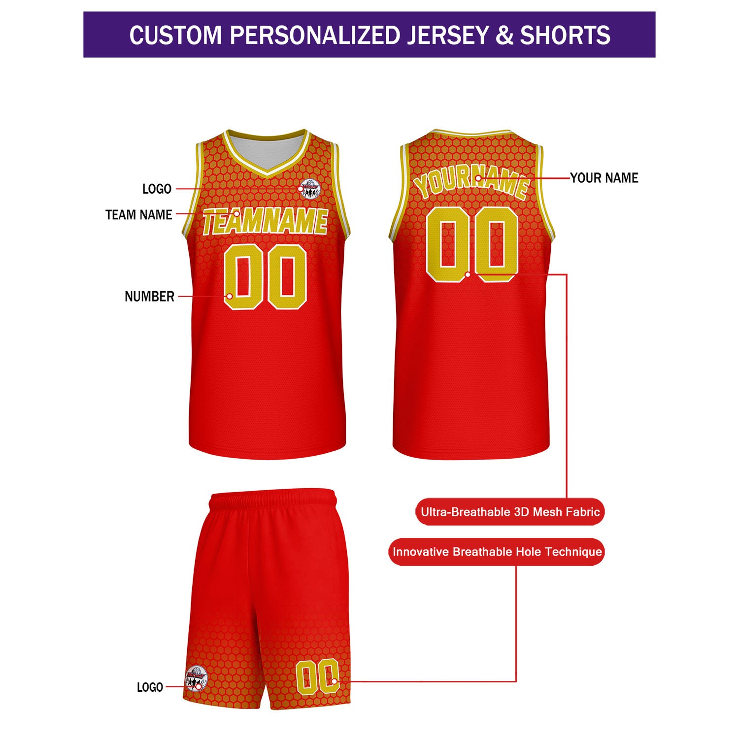Custom red honeycomb-pattern basketball uniform set, personalized team name number logo breathable mesh jersey and shorts men women youth game practice - Vosoli