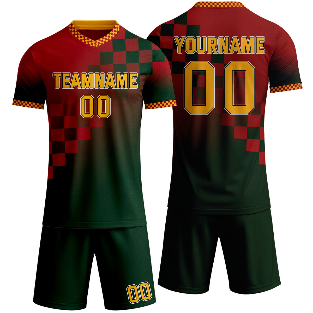 Custom red &amp; green checkerboard gradient soccer jersey set, personalized name number team logo, short-sleeve jersey with matching shorts sports uniform for men women youth adult game practice - Vosoli