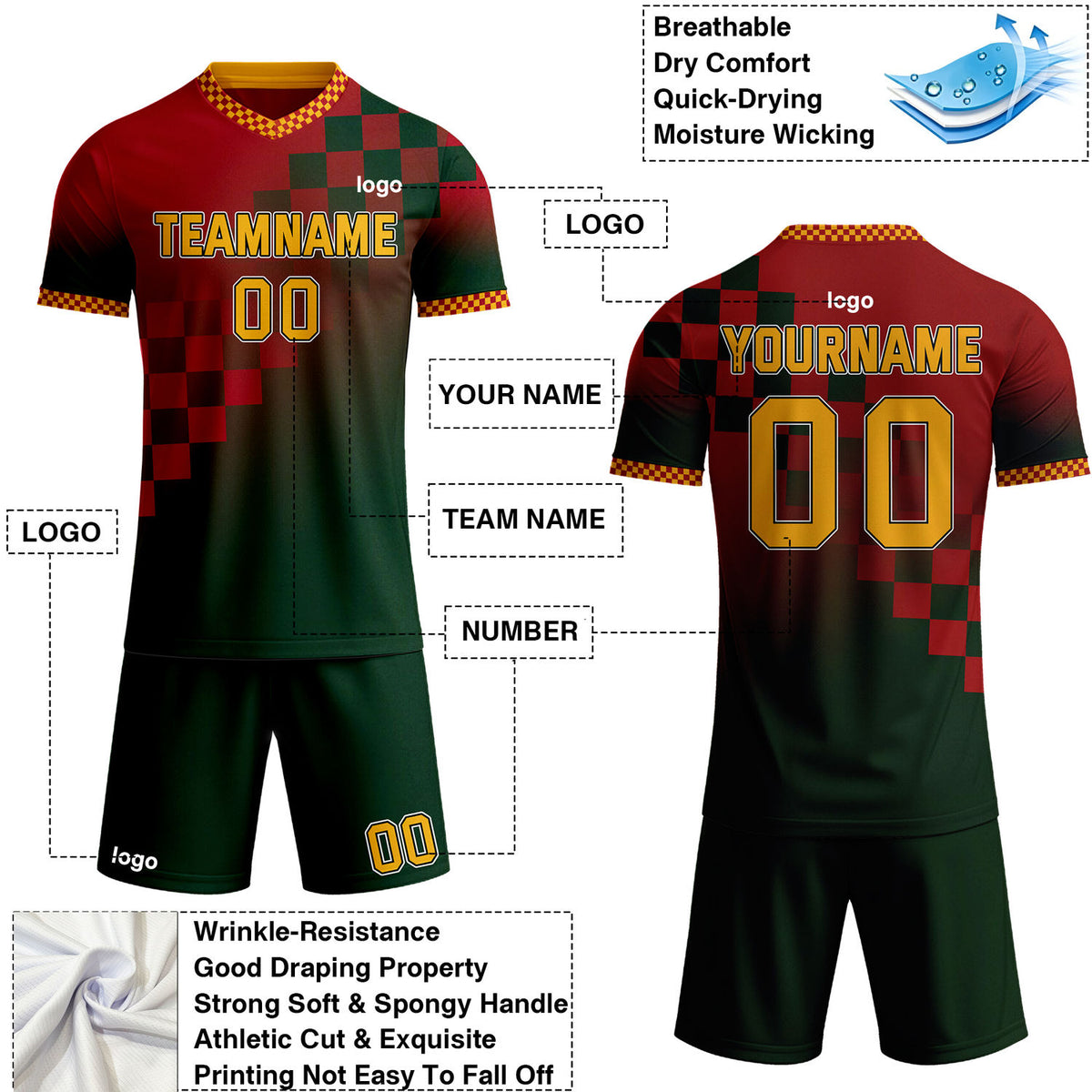 Custom Red & Green Checkerboard Gradient Soccer Jersey Set | Personalized Team Uniform | Vosoli