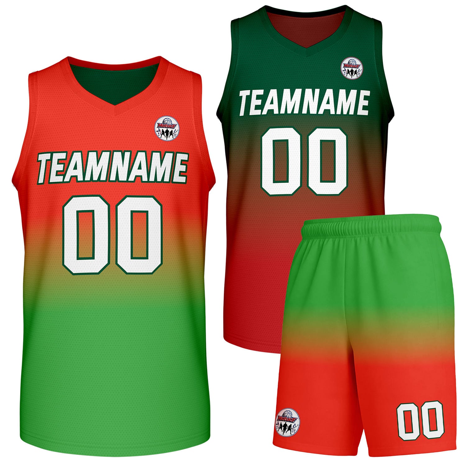 Custom red-to-green gradient basketball uniform set, personalized team name number logo breathable mesh sports jersey and shorts for men women youth game practice - Vosoli