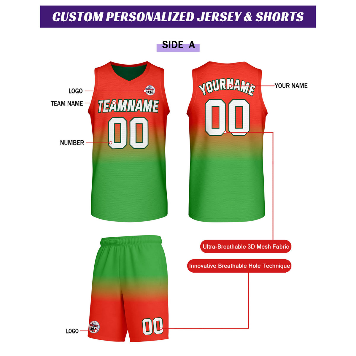 Custom Red-Green Gradient Basketball Uniform Set | Personalized Team Name & Number - Vosoli