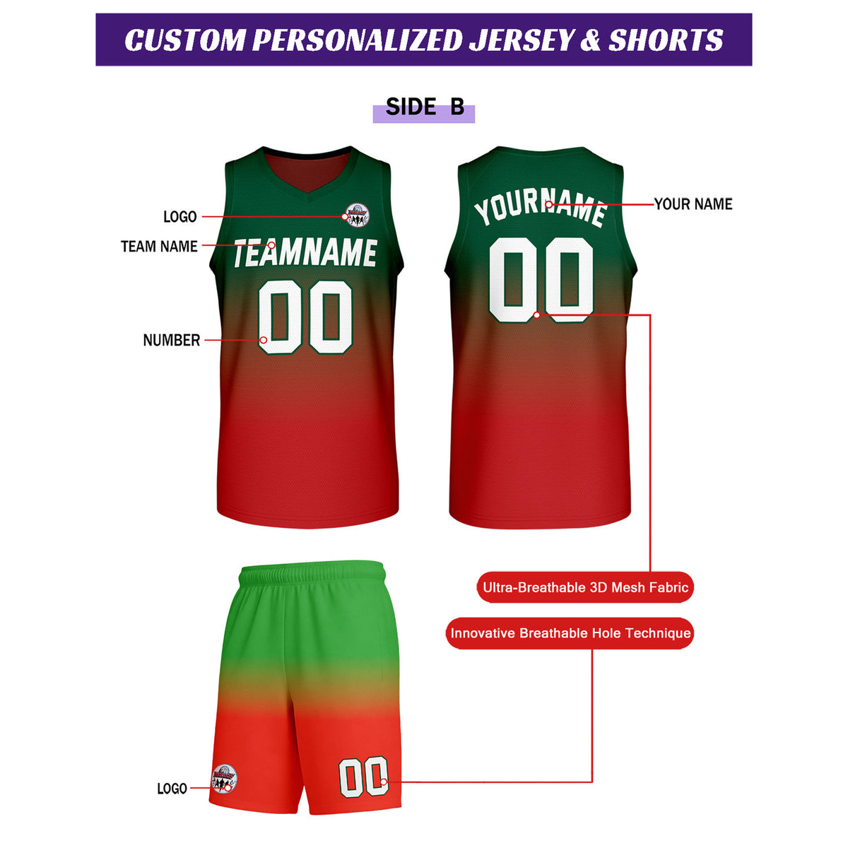 Custom Red-Green Gradient Basketball Uniform Set | Personalized Team Name & Number - Vosoli