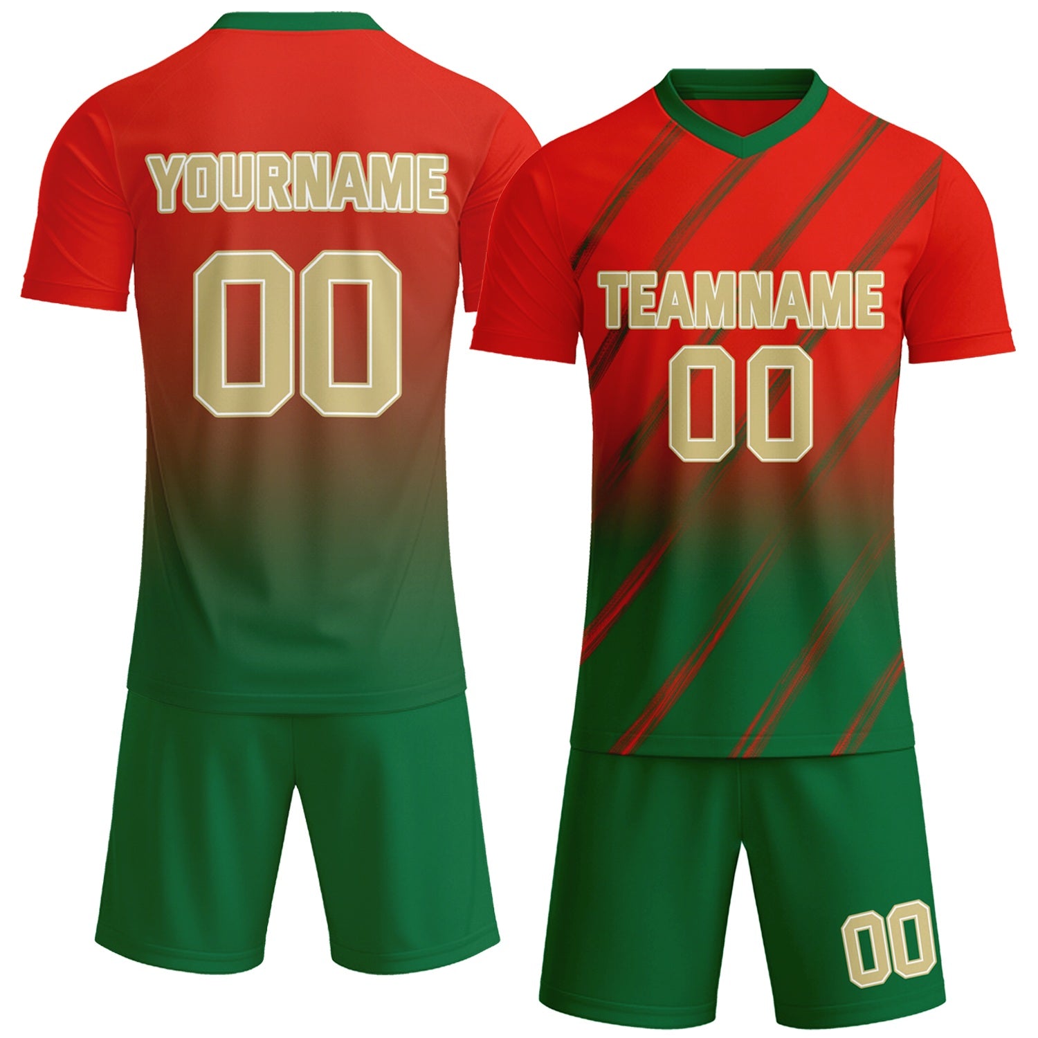 Custom red & green gradient soccer jersey set, personalized name number team logo, short-sleeve jersey with matching shorts sports uniform for men women youth adult game practice - Vosoli
