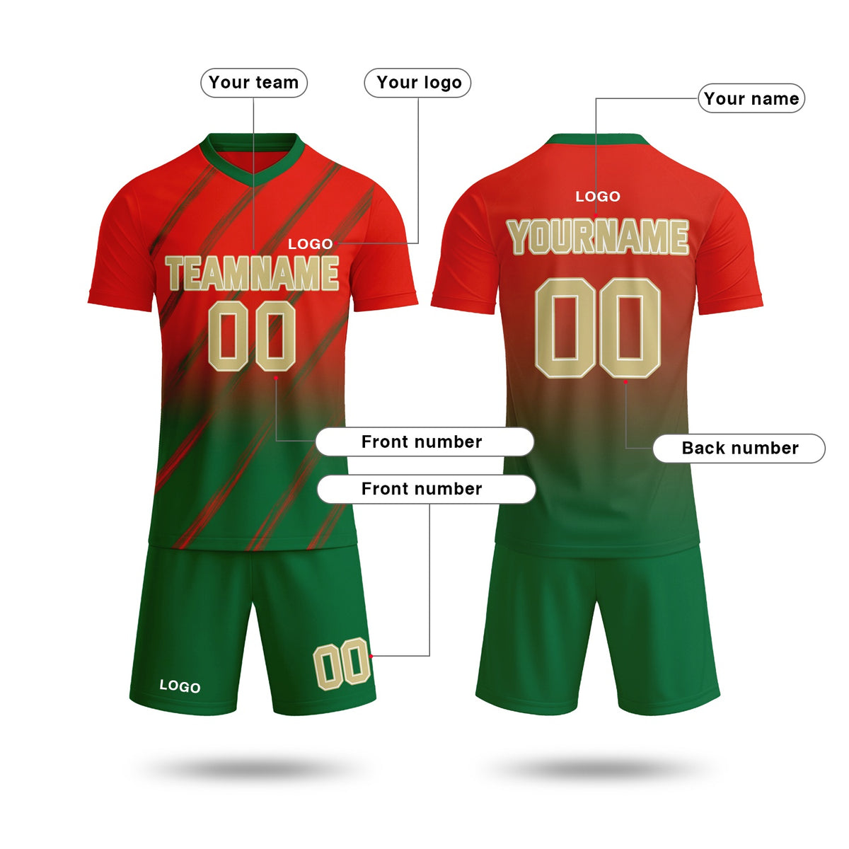 Custom Red & Green Gradient Soccer Jersey Set | Personalized Team Uniform | Vosoli