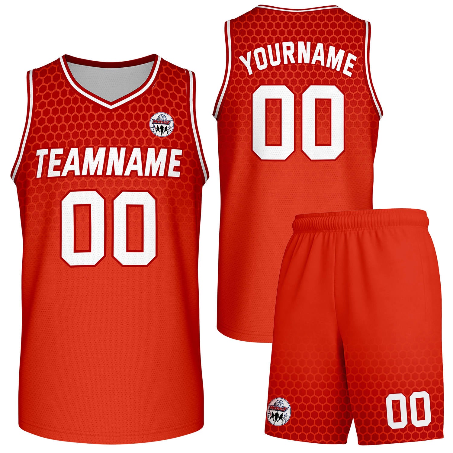 Custom red honeycomb-pattern basketball uniform set, personalized team name number logo breathable mesh jersey and shorts men women youth game practice - Vosoli