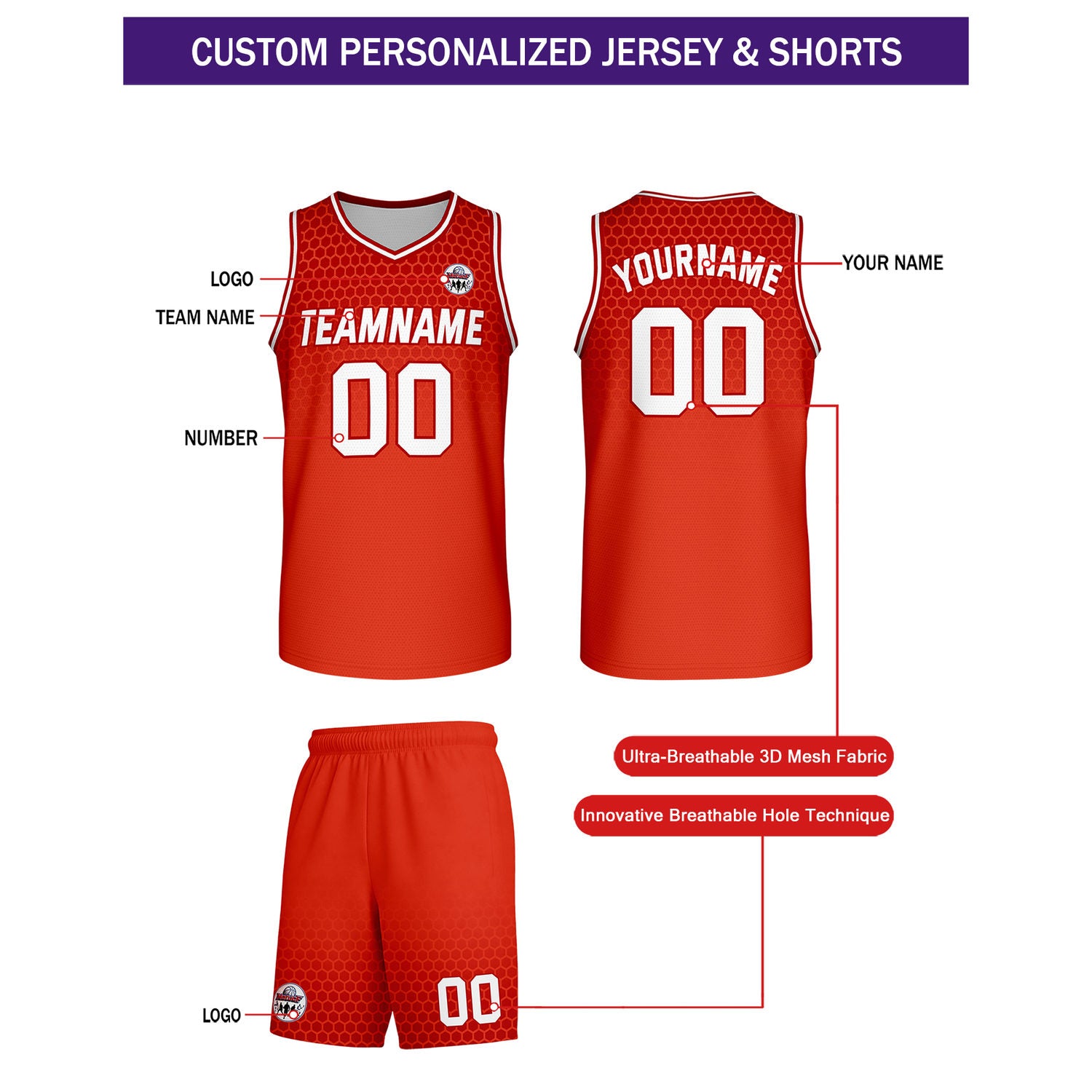 Custom Red Honeycomb Basketball Uniform Set | Personalized Team Name & Number - Vosoli