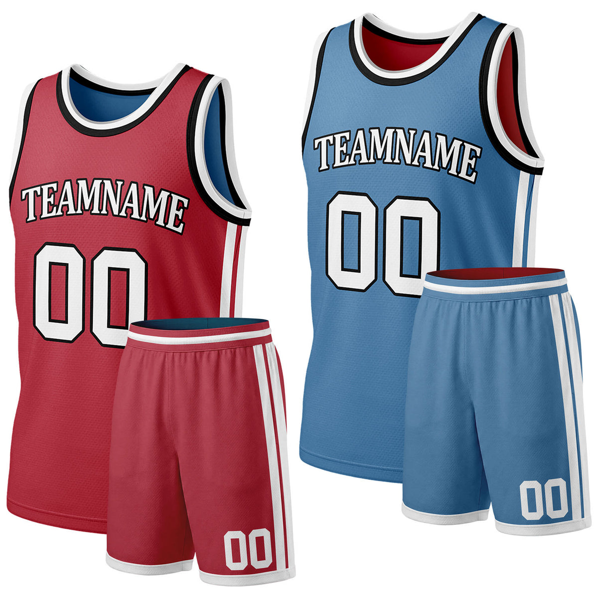 Custom red &amp; light blue reversible basketball jersey shorts set by Vosoli | Personalized team name &amp; number full team uniform sportswear