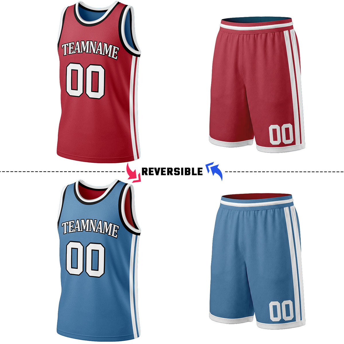 Custom Red & Light Blue Reversible Basketball Jersey Shorts Set | Personalized Full Team Uniform