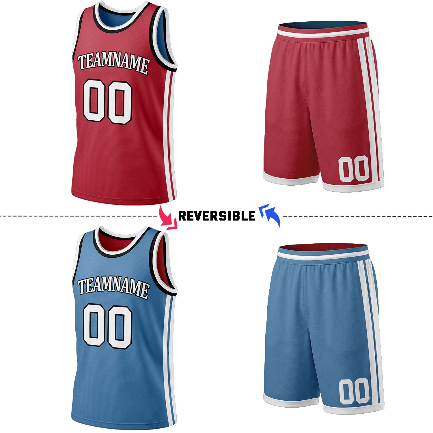 Custom Red & Light Blue Reversible Basketball Jersey Shorts Set | Personalized Full Team Uniform