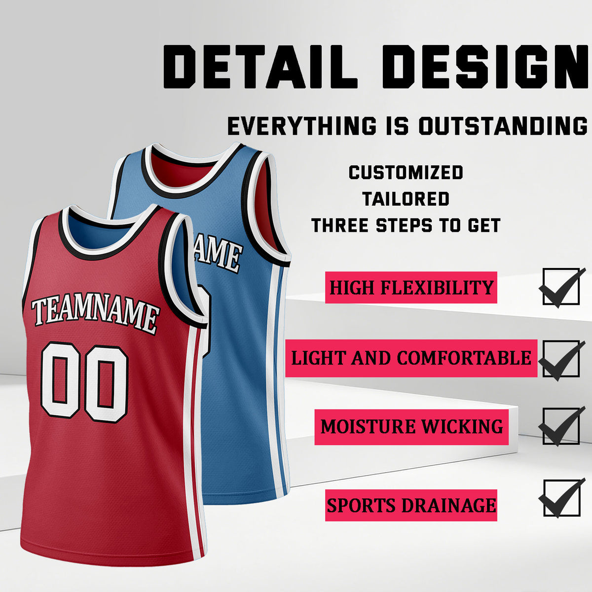 Custom Red & Light Blue Reversible Basketball Jersey Shorts Set | Personalized Full Team Uniform