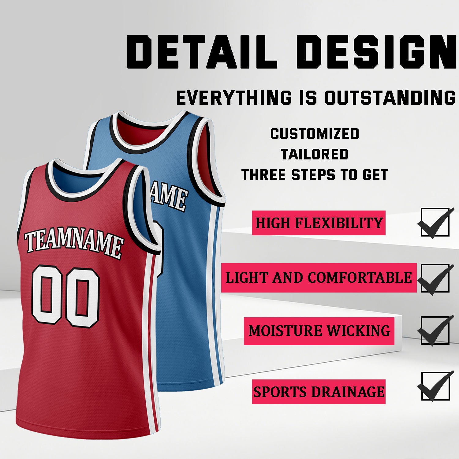 Custom Red & Light Blue Reversible Basketball Jersey Shorts Set | Personalized Full Team Uniform