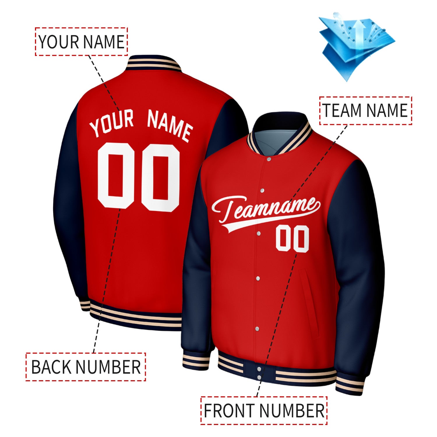 Custom Red & Navy Varsity Baseball Jacket | Personalized Jacket with Stitched Name & Number for Adult & Youth