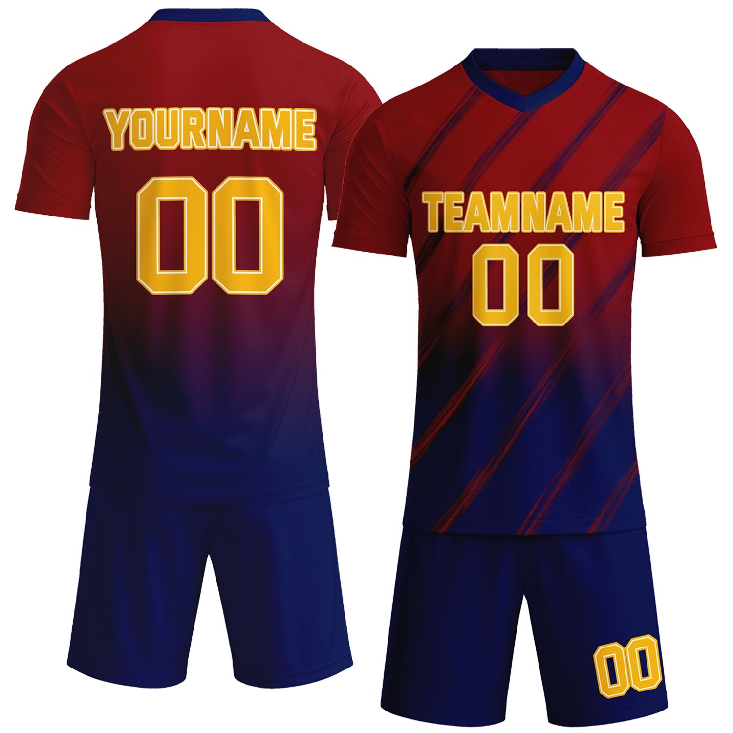 Custom red & navy blue gradient soccer jersey set, personalized name number team logo, short-sleeve jersey with matching shorts sports uniform for men women youth adult game practice - Vosoli