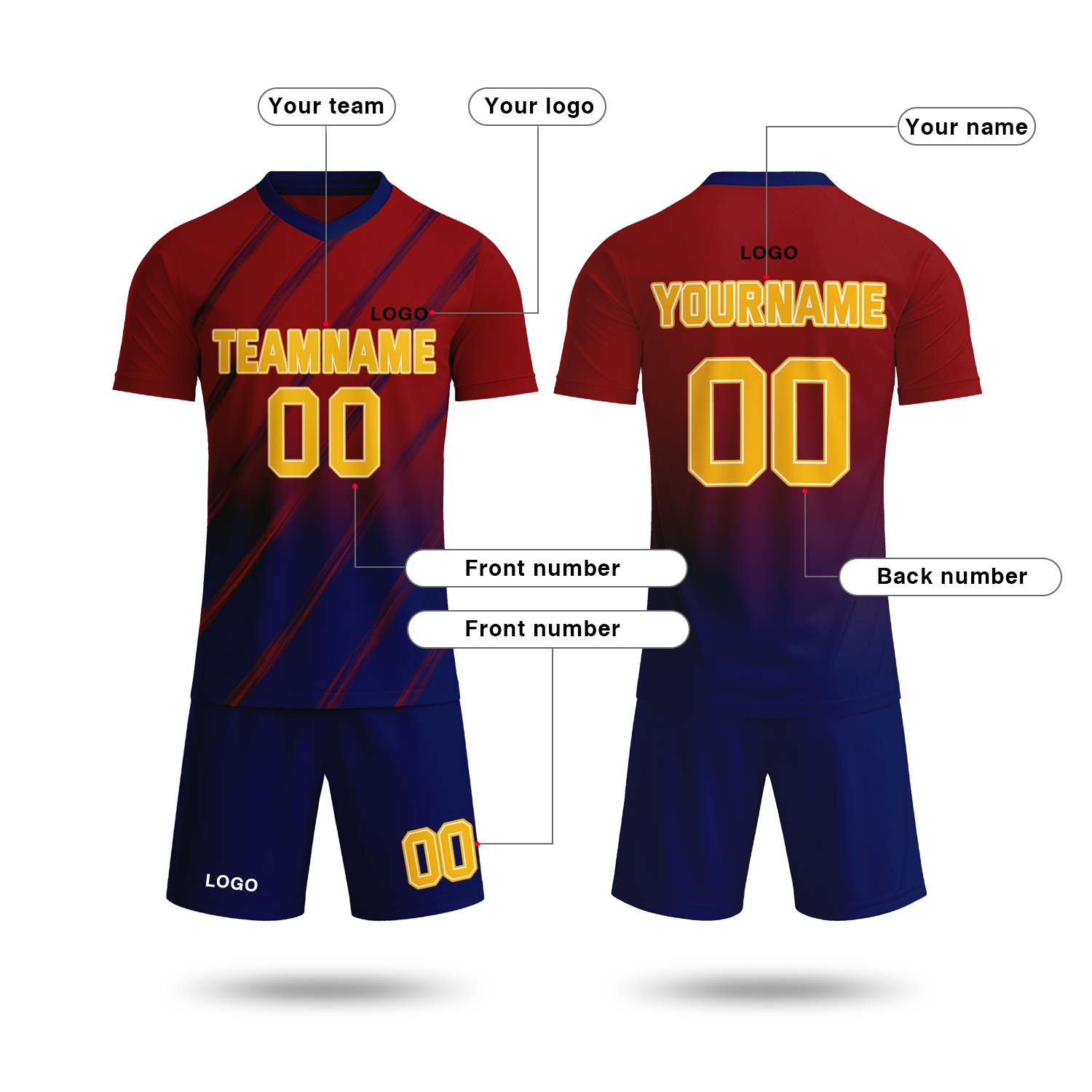 Custom red & navy blue gradient soccer jersey set, personalized name number team logo, short-sleeve jersey with matching shorts sports uniform for men women youth adult game practice - Vosoli