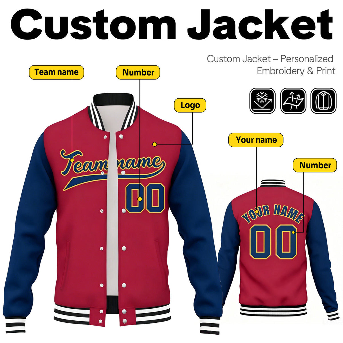 Custom Red & Navy Contrast Sleeve Varsity Baseball Jacket | Personalized Team Name & Number