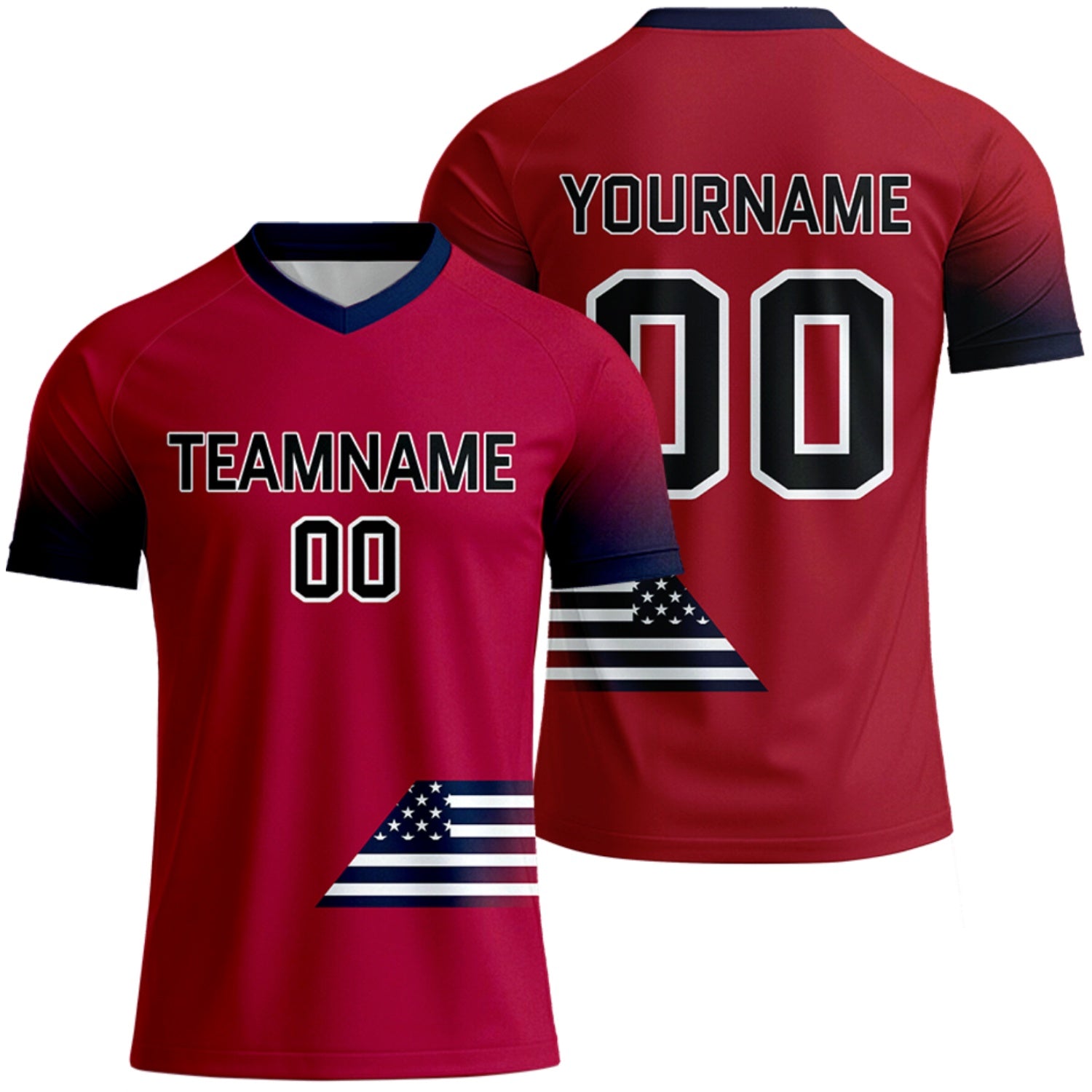 custom soccer jersey design red navy gradient soccer jersey by Vosoli, personalized team name, player name & number, breathable short sleeve V-neck soccer uniform for team matches