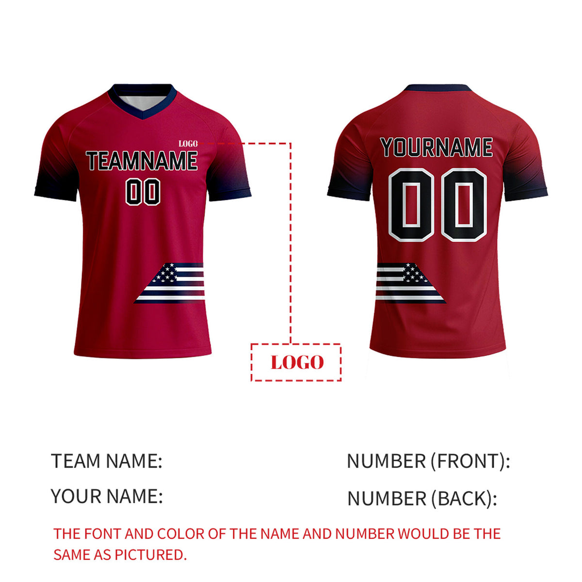 Custom Red & Navy Gradient Soccer Jersey | Personalized Short Sleeve V-Neck Jersey for Youth & Adult