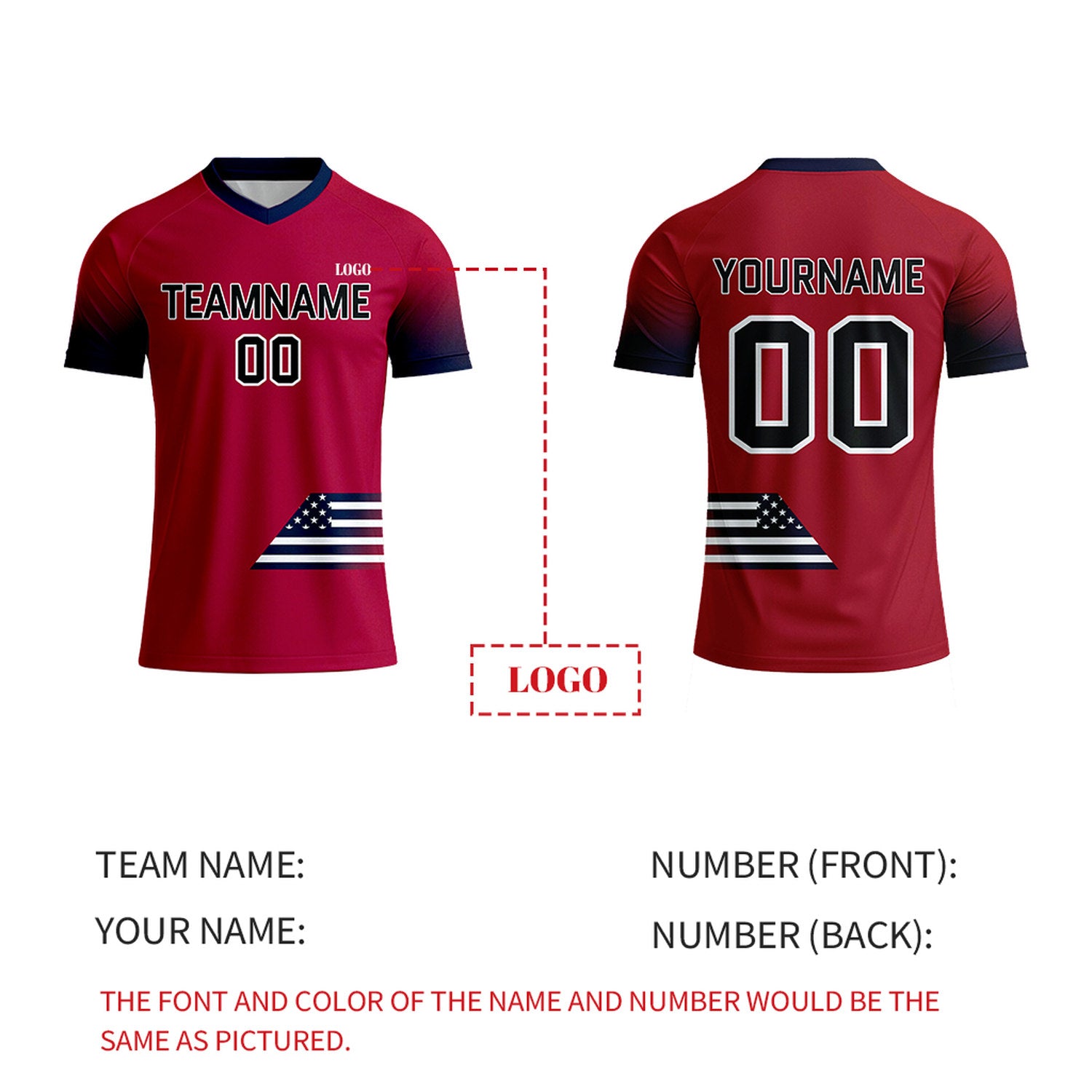 Custom Red & Navy Gradient Soccer Jersey | Personalized Short Sleeve V-Neck Jersey for Youth & Adult