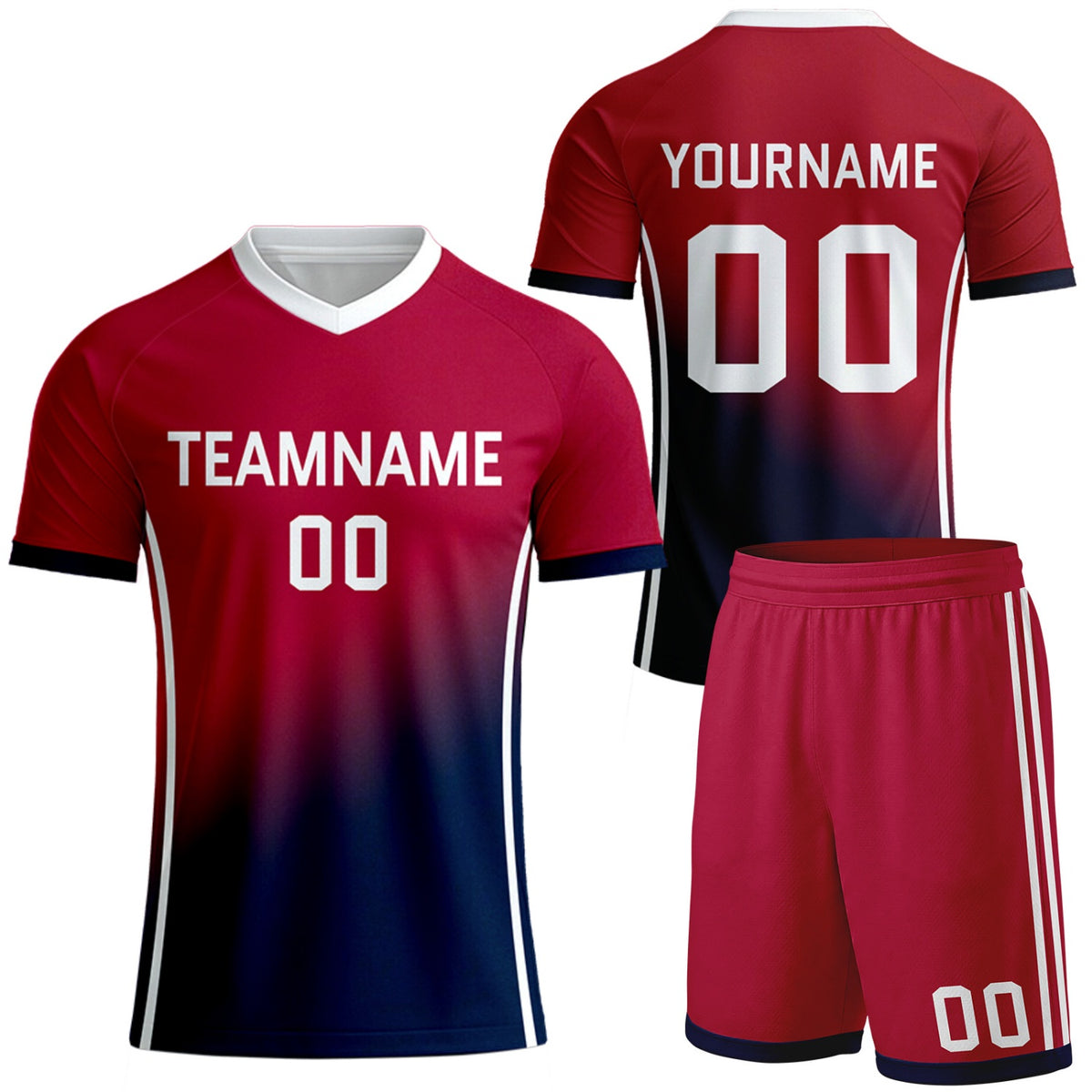custom red navy gradient soccer team uniforms by Vosoli, personalized team name, player name &amp; number, breathable short sleeve V-neck soccer jersey with shorts for soccer team matches