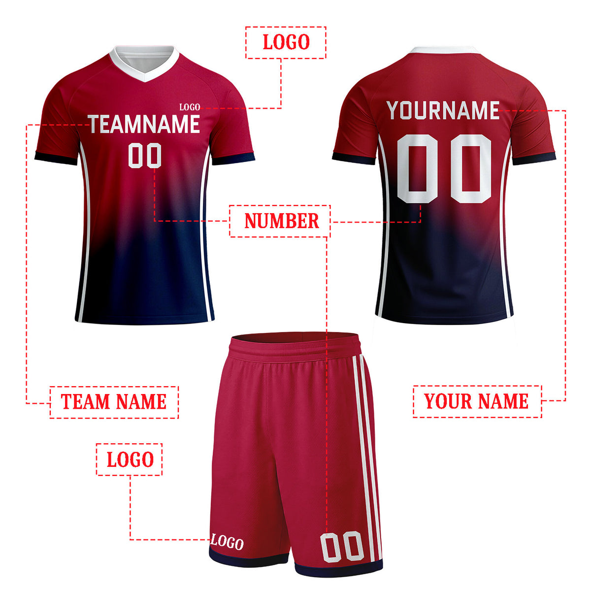 Custom Red & Navy Gradient Soccer Uniform Set | Personalized Jersey & Shorts for Youth & Adult Soccer Teams