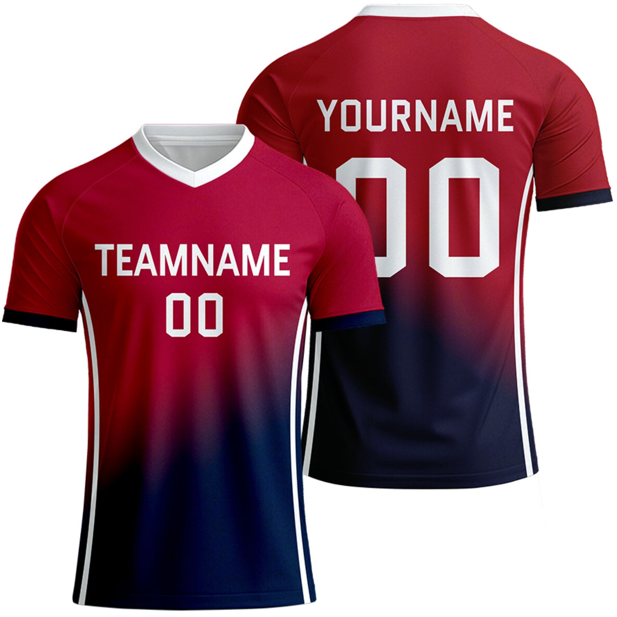 custom red navy gradient soccer tops by Vosoli, personalized team name, player name &amp; number, breathable short sleeve V-neck soccer uniform for team matches