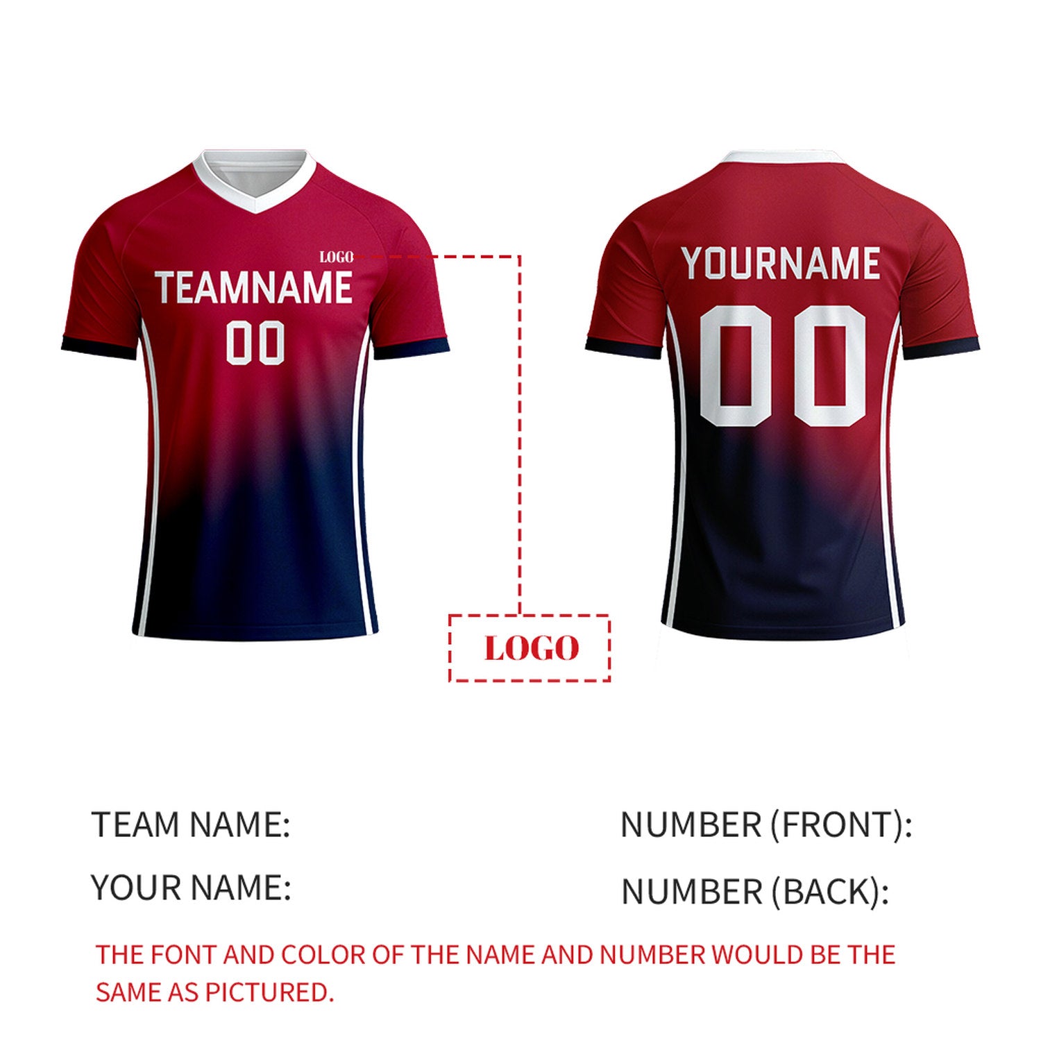 Custom Red & Navy Gradient Soccer Top | Personalized Short Sleeve V-Neck Uniform for Youth & Adult