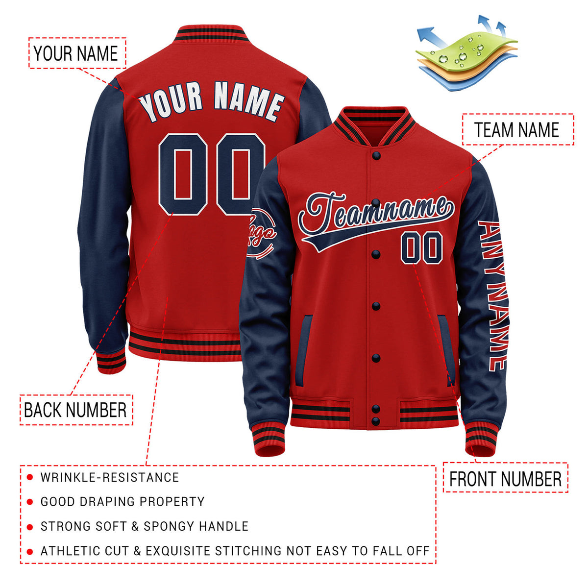 Custom Red & Navy Two Tone Varsity Letterman Jacket | Personalized Stitched Team Name Number Outerwear