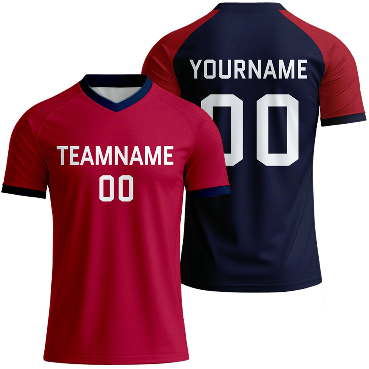 custom red navy raglan soccer jersey for youth teams by Vosoli, personalized team name, player name &amp; number, breathable short sleeve V-neck soccer uniform for youth team games