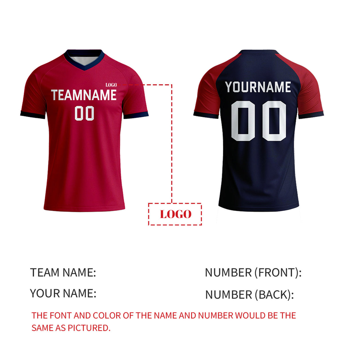 Custom Red & Navy Raglan Soccer Jersey | Personalized Short Sleeve V-Neck Uniform for Youth & Adult