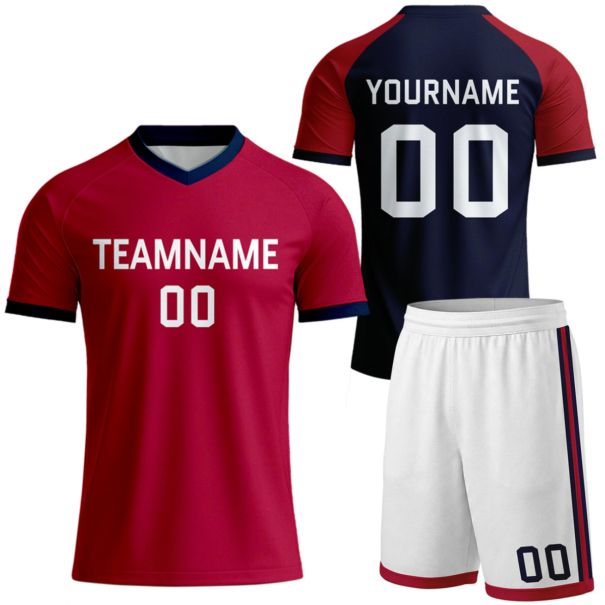 custom red navy raglan soccer uniform for men by Vosoli, personalized team name, player name &amp; number, breathable short sleeve V-neck soccer jersey with shorts for men's soccer matches