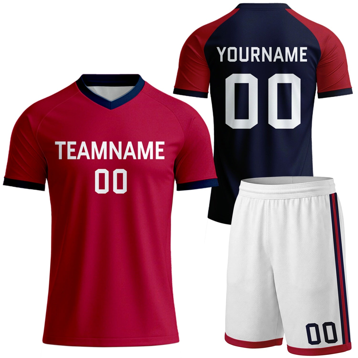 custom red navy raglan soccer uniform for men by Vosoli, personalized team name, player name & number, breathable short sleeve V-neck soccer jersey with shorts for men's soccer matches