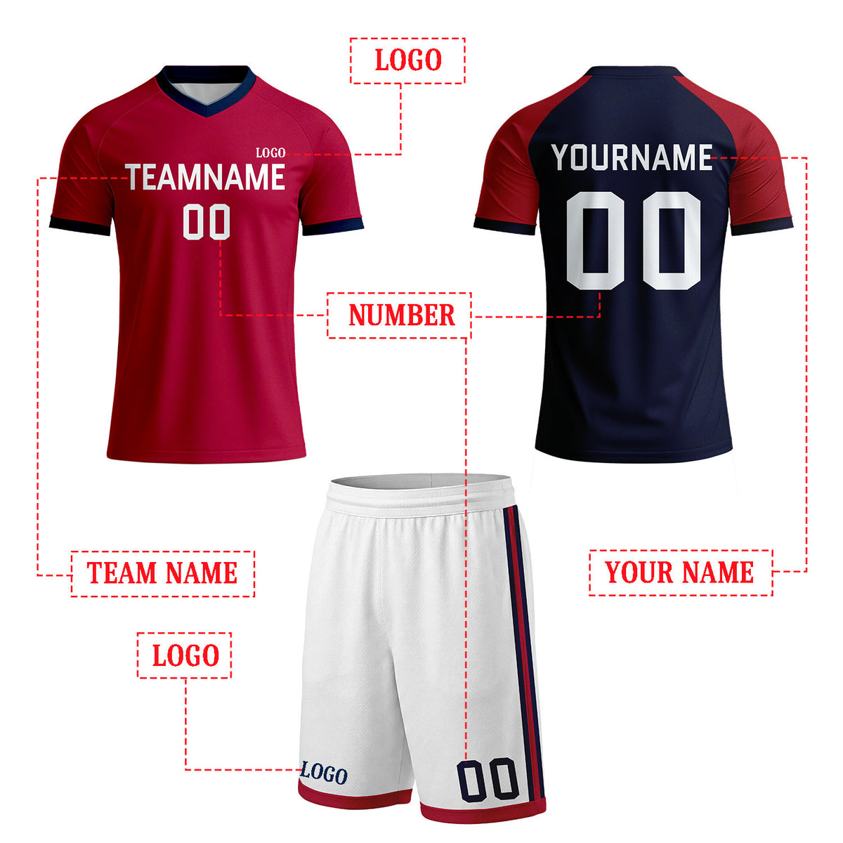 Custom Red & Navy Raglan Soccer Uniform Set | Personalized Jersey & Shorts for Adult & Youth