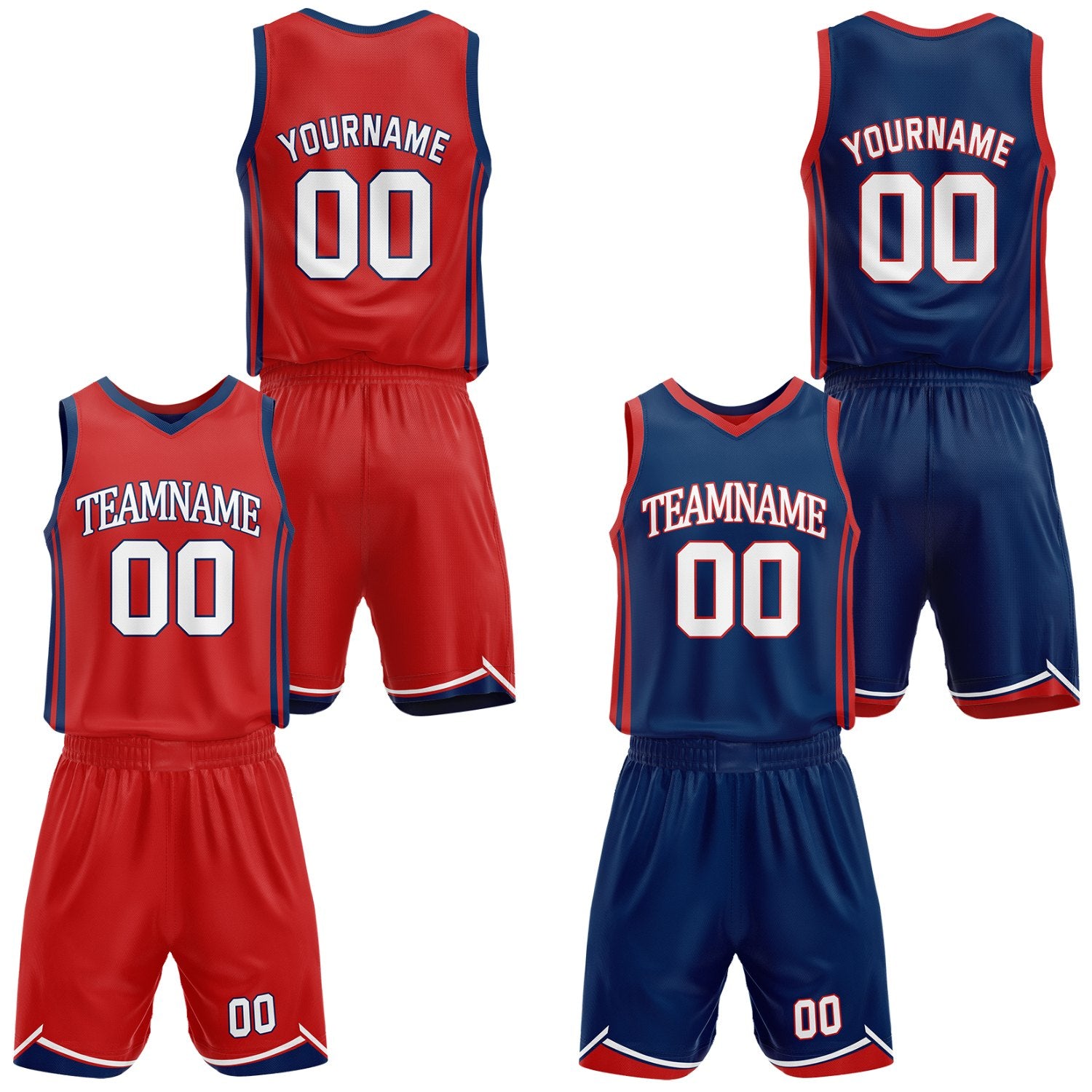 Custom red & navy reversible basketball jersey shorts set by Vosoli | Personalized team name number casual vintage uniform sportswear