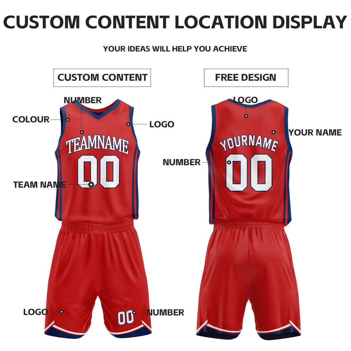 Custom Red & Navy Reversible Basketball Jersey Shorts Set | Personalized Full Vintage Team Uniform