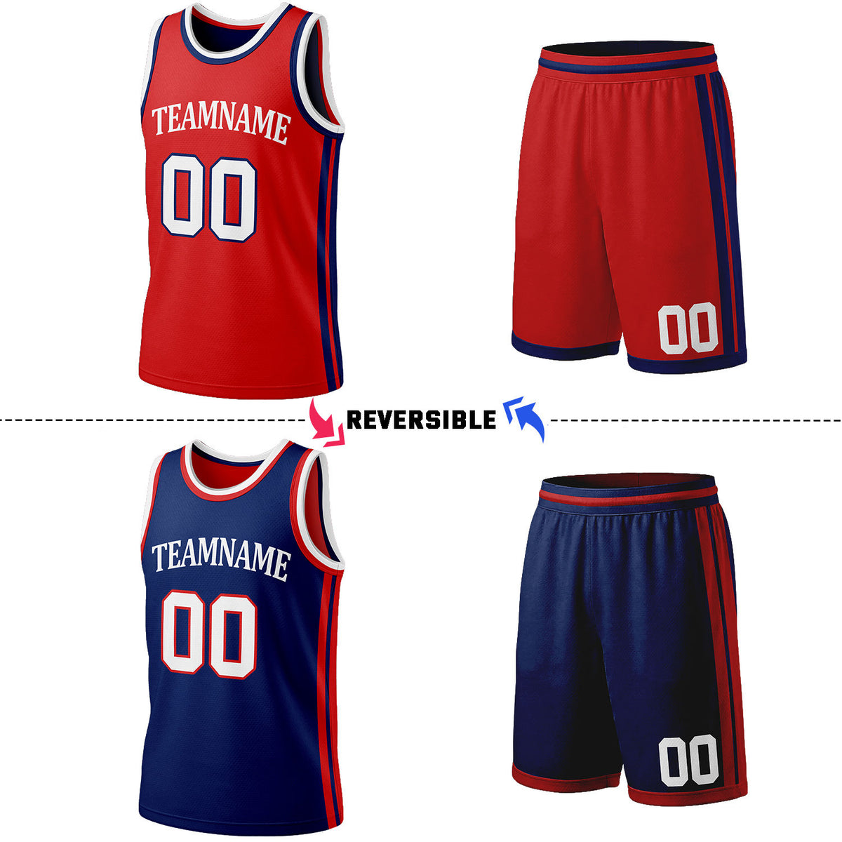 Custom Red & Navy Reversible Basketball Jersey Shorts Set | Personalized Full Team Uniform