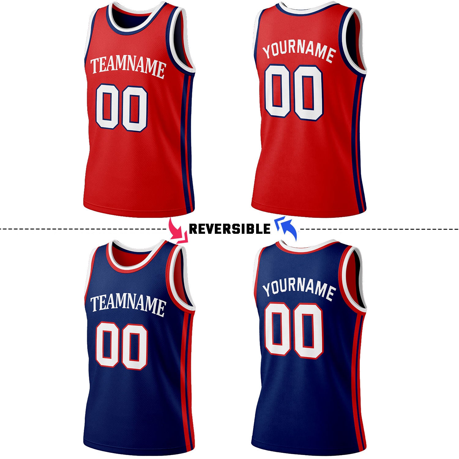 Custom Red & Navy Reversible Basketball Jersey Shorts Set | Personalized Full Team Uniform