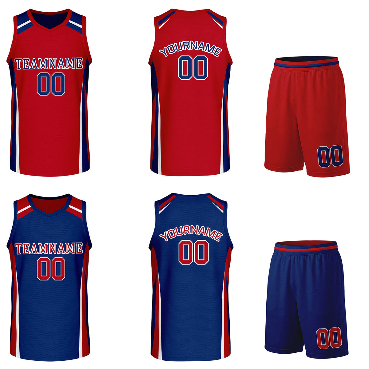 Custom red and navy reversible basketball uniform by Vosoli. Personalized with team name, number, and logo. Breathable mesh jersey and shorts for high school, college, and AAU teams.