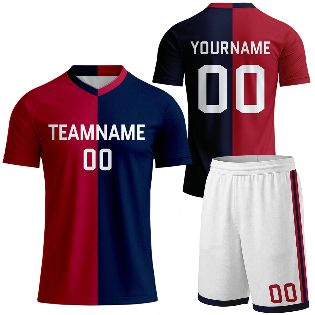 custom red navy split men's soccer uniforms by Vosoli, personalized team name, player name &amp; number, breathable short sleeve V-neck soccer jersey with shorts for men's soccer matches