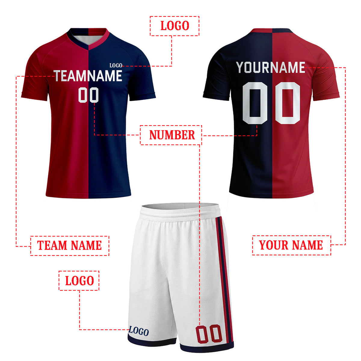 Custom Red & Navy Split Soccer Uniform Set | Personalized Jersey & Shorts for Adult & Youth